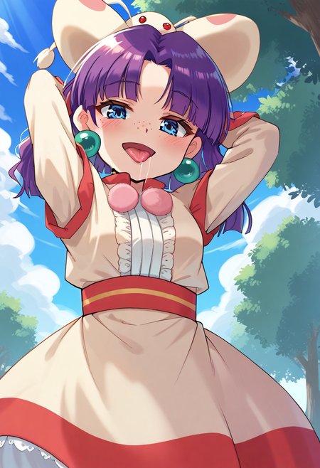 score_9, score_8_up, score_7_up, best quality, uncensored, source_anime, BREAK
1girl, solo, sue(grandia), purple hair, medium hair, hair ribbon, blue eyes, green earrings, freckles, tongue out, blush, steam, saliva, drooling, (smile, bitch, vulgarity:1), (fellamask:1),,
:q, from below, arms behind head, outdoors, 
<lora:sdxl_lightning_8step_lora:1>  <lora:sue(grandia)_XL(pony):1>