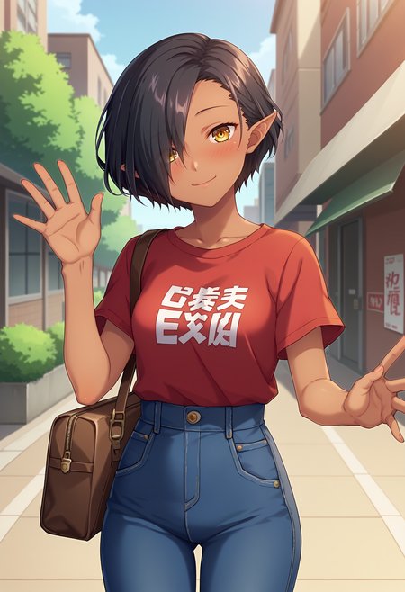 score_9, score_8_up, score_7_up, anime screencap, source_anime, 1girl, solo,
<lora:Luca_Kuroinu_V1:.85>, KJOluca, black hair, yellow eyes, pointy ears, hair over one eye, dark skin female, short hair, 
high waist jeans, t-shirt, brown bag, 
smile, waving, head tilt, blush, looking at viewer,
city, street,
(Beautiful, small Breasts:1.2),