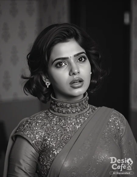 vintage greyscale photo of Samantha Ruth Prabhu woman, hyper realistic photo that is safe for work, mouth open in surprise, studio quality image, well dressed wearing intricate turtleneckMekhela Chador (Assamese traditional attire), hair styled as wispy fringe,muted shaded wallpaper background that contrasts with the person, cinematic lighting,âââââ <lora:Samantha_Ruth_Prabhu_Flux_Kohya_V1-000001:0.8>âââ