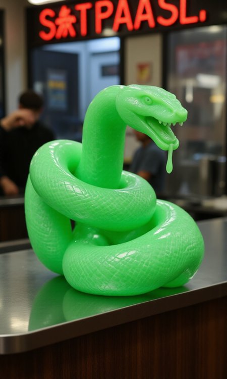 jade_snake, shebaaobao, neouv, cartoon snake made out of glowing illuminated iridescent jade ready to bite somebody on the counter of a pawn shop in New York City  <lora:jadesnakeflux-000001.safetensors:1.0> <lora:shebaobao_flux_snake_Cartoon_v2.safetensors:0.3> <lora:neouv_flux_03.safetensors:1.0>