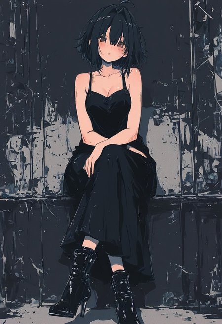 masterpiece, best quality, amazing quality, 1girl, solo, breasts, looking at viewer, short hair, black hair, dress, hair between eyes, cleavage, bare shoulders, sitting, medium breasts, brown eyes, collarbone, full body, ahoge, parted lips, boots, sleeveless, black footwear, black dress, high heels, bare arms, sleeveless dress, hair intakes, crossed legs, long dress, Karinami Inkblush mode,thick ink outlines,soft marker gradients,era 2020s indie illustration,Inkblush style, grunge_anime_aesthetic <lora:noobai_ep11_stabilizer_v0.138_fp16:0.3> <lora:XXX667:0.6> <lora:96YOTTEA-WAI:0.6> <lora:grunge_anime_aesthetic_illustriousXL-000027:0.7> <lora:Karinami_Inkblush_mode_Illustrious_clean:0.5>