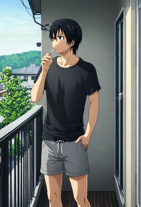 high resolution, solo, best quality, 1Boy, Kazuto Kirigaya, Black Hair, Black Eyes, home balcony, morning, cigarette, coffee, t-shirt, shorts, looking away, OverallDetail