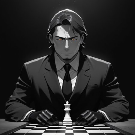 masterpiece, best quality, amazing quality, absurdres, newest, detailed background, definition so sharp, Ultra-HD, 8K cinematic, very awa, impressionate, amazing quality, highres, 
solo, male focus, manly, shadow, shiny skin,
shimonmakusu, shimon_brunette, shimon_orange eyes, 1boy, short hair, stubble, goatee, mature male, cold_expression, intense_gaze, mastermind, strategist, chess_board, gloves, suit, shadowed_face, calculating, observant, monochrome, sharp_focus, confident_pose, dark_academia