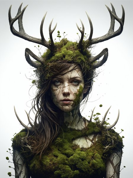 mysterious silhouette woman with antler and dress made out of moss, by Minjae Lee, Carne Griffiths, Emily Kell, Steve McCurry, Geoffroy Thoorens, Aaron Horkey, Jordan Grimmer, Greg Rutkowski, amazing depth, double exposure, surreal, geometric patterns, intricately detailed, bokeh,  perfect balanced, deep fine borders, artistic photorealism , smooth,  great masterwork by head of prompt engineering   <lora:add-detail-xl:2>  <lora:Double_Exposure:0.5>