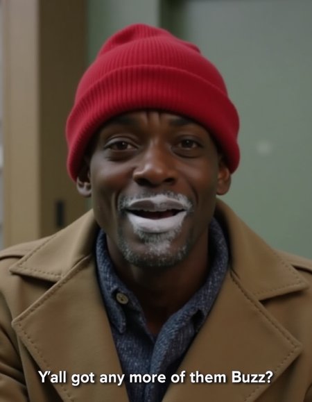 Tyrone Biggums wearing a red beanie and khaki coat, his lips are powdered white powder and subtitle that says "Y'all got any more of them Buzz?"