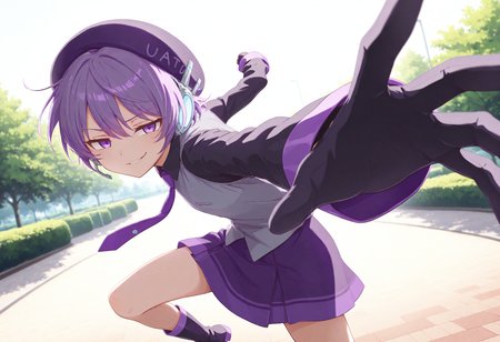 <lora:defoko_Illustrious_Mlaofmd-10:1.0>, <lora:PepePunchMeme_illusXLNoobAI_Incrs_v1:1.1>, masterpiece, best quality, high quality, depth of field, ambient silhouette, backlighting, 1girl, defoko, purple hair, purple beret, purple eyes, grey headset, grey shirt, black sleeves, purple necktie, purple skirt, purple boots, park, day, looking at viewer, smirk, IncrsPunchMeme, incoming attack