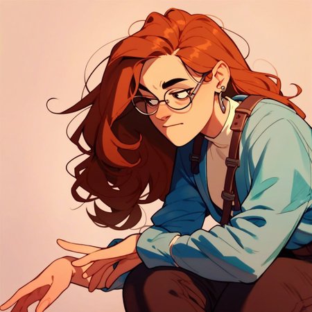 score_9, score_8_up, score_7_up, score_6_up,
,1girl, solo, long hair, brown hair, pants, glasses, black eyes,red hair,earing,blue coat,white shirt,
