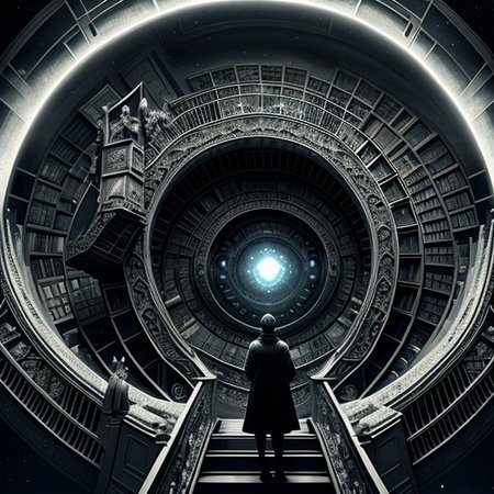 staring up into the infinite maelstrom library, endless books, flying books, spiral staircases, nebula, ominous, cinematic atmosphere, negative dark mode, mc escher, art by senseijaye, matrix atmosphere, digital code swirling, matte painting
