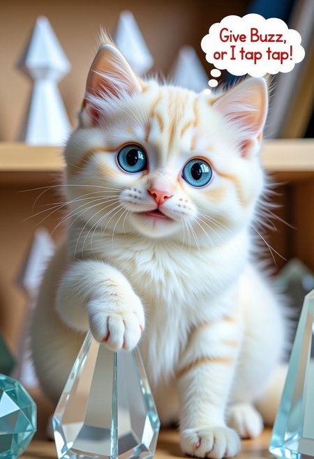 A beautiful white cat sitting on a shelf with crystal figurines, Paw resting against one of the figurines, Looking at viewer, (thought bubble with the words ("Give Buzz or I tap tap")), mischievous, playful, toothy grin, bright blue cat eyes, extreme detail, high res, HD,