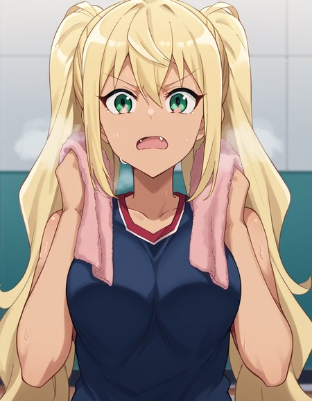 score_9, score_8_up, score_7_up, source_anime, <lora:hibiki-sakura-s1-ponyxl-lora-nochekaiser:1> hibiki sakura, long hair, blonde hair, hair between eyes, twintails, green eyes, fang, dark skin, dark-skinned female, gyaru, mature female, large breasts, <lora:basketball-uniform-ponyxl-lora-nochekaiser:1> basketball uniform, basketball jersery, sportswear, jersey, shorts, sleeveless,, audience, gym, sweat, open mouth, steam, <lora:wiping-towel-ponyxl-lora-nochekaiser:1> wiping sweat, towel, holding, sweat, holding towel, looking at viewer, open mouth,, cowboy shot,