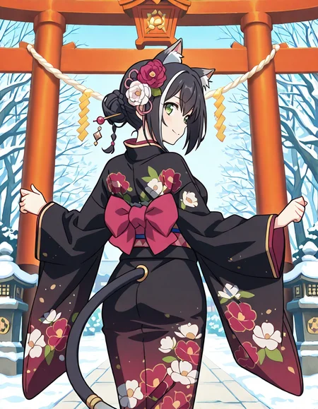 (karyl (new year),streaked hair,multicolored hair,black hair,white hair,hair bun,white hair flower,braid,bangs,green eyes,cat girl,animal ear fluff,cat ears,cat tail,black kimono,floral print kimono,obi,tail ornament,1girl,smile),day,New Year shrine visit, traditional Japanese temple, torii gate covered in snow, visitors wearing kimonos, winter sky, ringing the bell, incense smoke rising, hanging ema plaques, sacred ropes and white paper streamers, lanterns glowing softly, prayers being made, snow-covered stone lanterns, serene and respectful atmosphere,
(from behind:1.8) ,
looking at viewer,
medium breasts,
perky breasts,realistic proportions,natural looking breasts,explicit,hair between eyes,strong outlines,clean lineart,harsh lines,slim,curvy,(narrow waist:0.1), wide hips,thick thighs,detailed body,skindentation,matte skin,smooth skin,deep skin,soft brightness,detailed mouth,kawaii,moe face,
(anime screencap),(anime coloring:1.2),anime style, Japanese anime, cel-shading, clean lineart, vibrant colors, sharp facial features, 2D illustration, anime screencap style,anime background scenery,detailed linework,intricate details,(masterpiece,best quality,amazing quality),IllusP0s,(very aesthetic,absurdres:1.2),16k,highres,perfect hands,five fingers,detailed hands,
 <lora:ããªã³ã»ã¹ã³ãã¯ãReDiveã­ã£ã«illustriousPrincess_Connect_ReDivekarylillustrious:1:0.8>