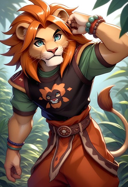 score_9, score_8_up, score_7_up, source_furry, 1boy, anthro, lion, lion ears, lion tail, terranigmark, spiky orange hair, pauldrons with faces, jeweled headband, print shirt, green sleeves, bracelets, belt with dangling straps, red baggy pants, outdoors, lush jungle
