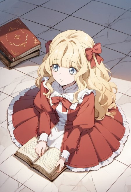score_9, score_8_up, score_7_up, source_anime, elianna bernstein, blonde hair, long hair, blue eyes, 1girl, book, solo, dress, bow, hair bow, open book, red dress, tile floor, long sleeves, red bow