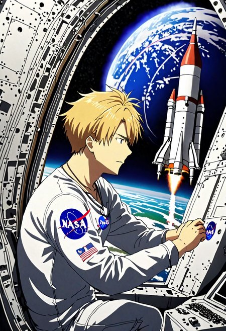 high resolution, solo, best quality, 1Boy, Yamato Ishida, Blond Hair, Necklace, NASA, Rocket Launch Site, OverallDetail