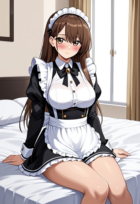 Medium Breasts, 1girl, Solo, Brown Hair, Long Hair, Gold brown Eyes, Blushing, Looking at viewer, Bedroom, Sitting on bed, Shy, Maid Dress Uniform
