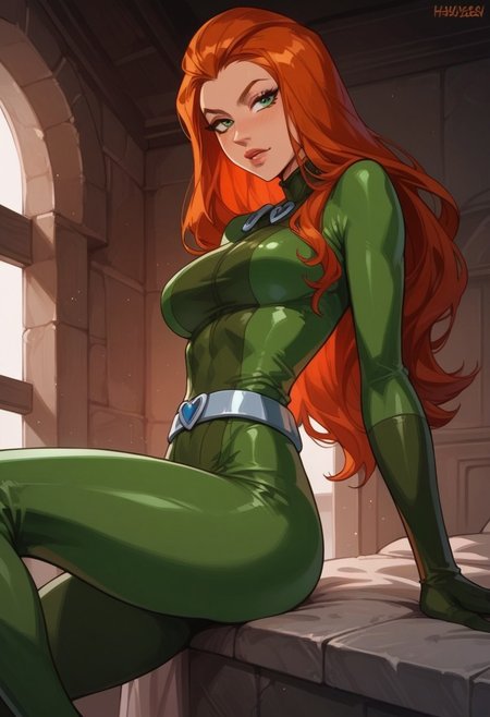 (score_9, score_8_up, score_7_up), fantasy,1girl, solo, sam \(totally spies\), orange hair, long hair, green eyes, green bodysuit, belt, large breasts, curvy, thick thighs, tight clothing, round ass, bubble butt, hips, thighs, athletic build,