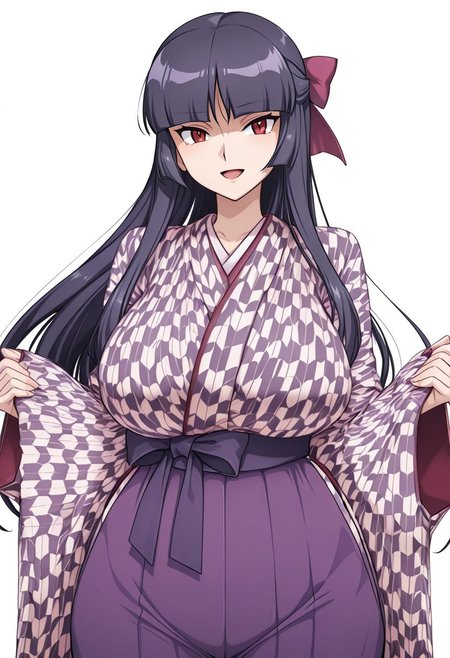 score_9,score_8_up,score_7_up,source_anime,5_figner,2d_animation,game cg,BREKE,1girl,solo,
zzSabrina, red eyes, long hair, blunt bangs, sabrina pokemon, purple hair, black hair, 
purple hakama,yagasuri,japanese clothes,kimono,long sleeves,hair ribbon,
smile,cowboyshot,openmouth,
huge breasts,thick hips,thick thighs,thick waist,disproportionate breasts,
curves,glamour,
simple background,white background,
masterpiece,best qualit,ultra-detailed,illustration,an extremely delicate and beautiful,beautiful detailed eyes,unity 8k wallpaper,high resolution,anime CG,official_art,Erotic_style, anime_coloring, anime_screencap,