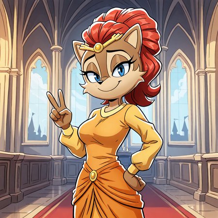 (masterpiece), (best quality), (ultra-detailed), amazing quality, very aesthetic, illustration, perfect composition, intricate details, absurdres, incredibly absurdres, <lora:alicia_acorn_illustrious:1>,  aliciaacorn, 1girl, solo, orange dress, looking at viewer, breasts, smile, ponytail, one hand on hip, v, body fur, brown fur, two tone fur, red hair, blue eyes, furry female, indoors, long sleeves, indoor of castle, tiara,