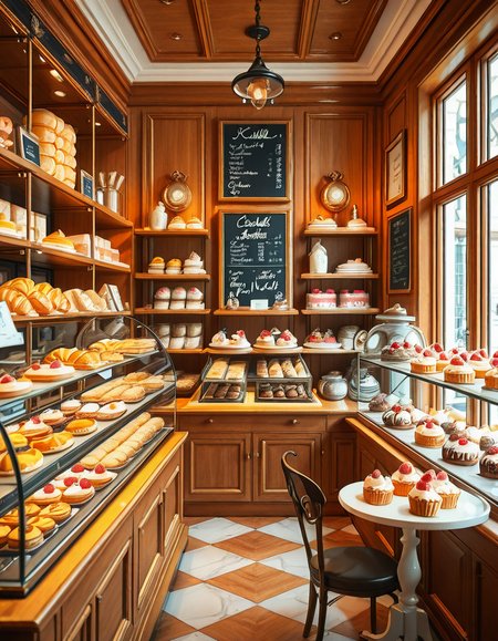 A beautifully designed, elegant pastry shop with a luxurious European-inspired aesthetic. The interior features intricate moldings, high ceilings, and large arched windows that allow natural daylight to stream in, casting a soft glow over the polished marble floors. The walls are adorned with pastel-colored wallpaper, delicate gold accents, and vintage-style framed paintings of pastries and tea sets.
The centerpiece of the shop is a long glass display case filled with an exquisite assortment of pastries, including colorful macarons, delicate éclairs, fruit tarts with glistening glaze, and elegantly decorated cakes with intricate sugar flowers. Behind the counter, shelves lined with neatly arranged boxes of artisanal chocolates, fine teas, and jars of homemade jam add to the refined atmosphere. Crystal chandeliers hang from the ceiling, casting a warm golden light that reflects off the glass surfaces.
Small round tables with marble tops and wrought iron chairs are arranged neatly throughout the space, each set with fine porcelain teacups and decorative napkins. A large antique-style clock hangs on the wall above a wooden shelving unit filled with fresh baguettes and croissants resting in woven baskets. The air is filled with the inviting scent of fresh-baked pastries, vanilla, and rich espresso.
In the background, a grand espresso machine with polished brass fittings sits atop a marble counter, next to a beautifully arranged tiered cake stand displaying freshly made confections. A large, arched doorway with a carved wooden frame leads to a cozy back room with additional seating and a vintage-style menu board showcasing the shop's specialties written in elegant calligraphy. The entire setting evokes a sense of refinement, charm, and indulgence, with a warm and welcoming ambiance.
<lora:SDXLFaeTastic2400:0.4> <lora:extremely_detailed:0.4> extremely detailed, <lora:elegant_p4stry_sh0p_illus:1>,elegant p4stry sh0p, Masterpiece,best quality,hi res,8k,hi res,8k,award winning,(sharp focus, intricate, highly detailed),