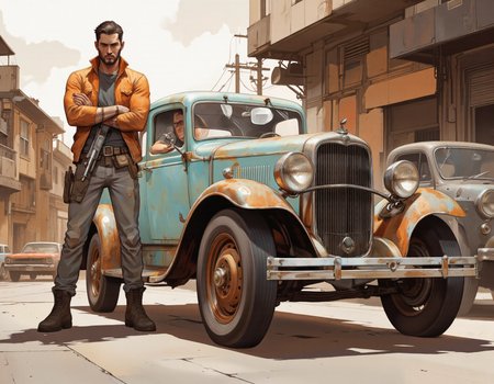 By JoFoGriGreToc. A digital illustration shoot from the front about a man standing next to an old, rusted car in a post-apocalyptic city street. the scene is set in an urban environment with dilapidated buildings and a cloudy sky. on the left of the image, a muscular man with short, dark hair and a beard, wearing an orange jacket and holding a gun, stands confidently with a serious expression. he appears to be in his mid-twenties, with a slim body and short hair. he is standing with his hands on his hips, looking directly at the viewer. behind him, a man is sitting in the driver's seat of a vintage, turquoise car. the car is rusted and has a classic, vintage design with a large grille and headlights. the man in the passenger seat is wearing a black shirt and pants, and he is looking at the car with a confident expression. the background features a few other cars parked on the street, and the overall color palette is warm and muted, with shades of orange, brown, and white.