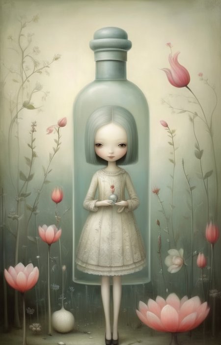 masterpiece,best quality,<lora:tbh340-sdxl:0.75>,illustration,style of Nicoletta Ceccoli, A bottle of perfume in garden