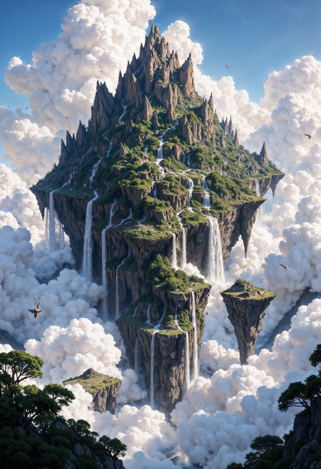 A  floating island landscape. The island is massive, with lush green terrain and jagged mountain peaks. Waterfalls cascade from the edges, creating a misty atmosphere as they descend into the clouds below. The sky is filled with fluffy white clouds, and the sunlight casts a serene glow over the scene. The island appears to be suspended in the sky, surrounded by a vast expanse of blue. Birds are seen flying around the island, adding a sense of scale and movement to the composition. The overall color palette is dominated by greens, blues, and whites, creating a tranquil and otherworldly ambiance.