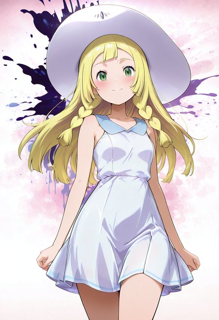 (masterpiece, best quality, good quality, very aesthetic, absurdres, newest:1.2),    medium breasts, (curvy),   BREAK, zzLillie, long hair, braid, sun hat, white headwear, collarbone, sleeveless dress, white dress, <lora:LilliePokemon_NAI:1.0>,smile, looking at viewer, cowboy shot,   paint splatter ,  <lora:ClrSplsh_NAI:1.0>,