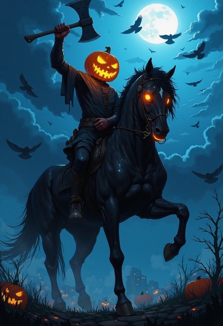 A headless horseman riding a dark, menacing horse. The rider has a pumpkin as a head, with a menacing grin carved into it, glowing orange eyes, and a fiery aura radiating from the carved sections. He holds a raised axe in his right hand, with a dark, jagged blade. The horse is muscular, black, and its eyes and mouth emit a glowing orange light, matching the rider's head. The horse is adorned with torn, eerie cloths and has two small glowing pumpkins attached to its side. The background is a misty night, with a blue glow from the moonlight and scattered dark clouds, creating an ominous, supernatural atmosphere. A group of crows fly in the sky, enhancing the eerie vibe.   <lora:CPA:0.83> <lora:anime_martzv2:0.53> anime_martz,  <lora:FLUX-daubrez-DB4RZ:0.33> DB4RZ, DB4RZ style painting,