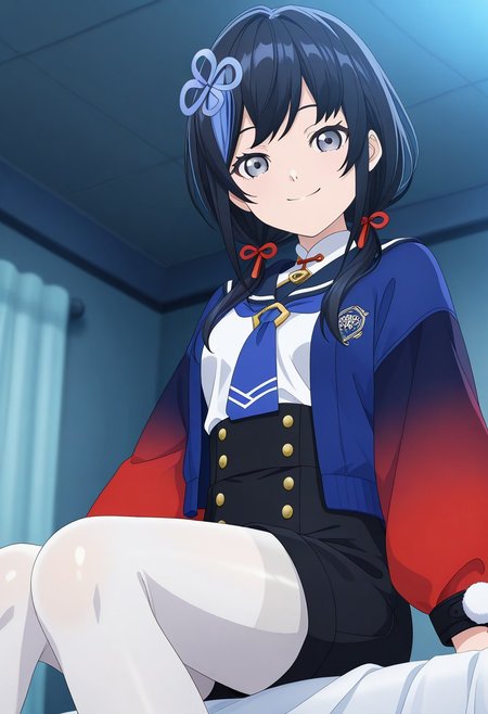 shiny skin,shiny skin,score_9, score_8_up, score_7_up, source_anime, girl, masterpiece, sharp focus, best quality,Cinematic lighting, (anime screencap:2.5),( flat color:1.3),((anime screenshot:2.2)),((anime coloring:2.5)),ufotable, newest, absurdres,niji-nei,small breasts,gray eyes,black hair,long hair,low twintails,red ribbon,hair ribbon,blue hair ornament,nei-jacket,blue jacket,gradient sleeves,red sleeves,long sleeves,puffy sleeves,pom-pom\(clothes\),pom-pom trimmed sleeves,open jacket,niji-neicos1,white shirt,sailor collar,long sleeves,puffy sleeves,blue tie,black pants,short pants,high-waist pants,(white pantyhose:1.3),pantyhose,,in room,in houce,sitting,on bed,from below,,look down,looking at viewer,smile