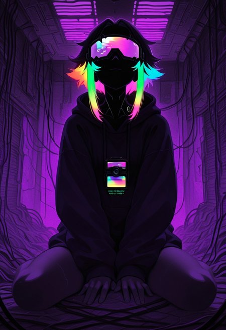 ajnblyst, 1girl, cyberpunk underworld portrait, neon rainbow hair glowing under UV light, solo, wearing a high-tech visor displaying encrypted data, oversized hoodie with glitch effects, sitting on a pile of cables and old tech, fluorescent green and purple lighting, underground server room filled with flickering screens, camera angle slightly tilted, cybernetic enhancements, cool-toned shadows and high-contrast highlights, dark and gritty cinematic look