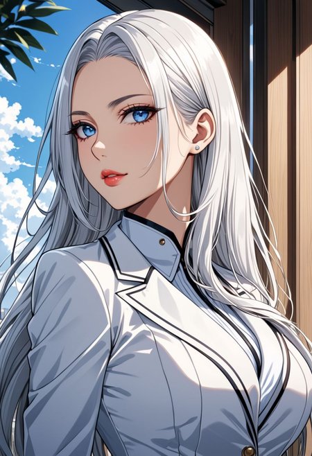 (anime, masterpiece, intricate:1.3), (best quality, hires textures, high detail:1.2), (4k),(incredibly detailed:1.4),  (anime, masterpiece, intricate:1.3), (best quality, hires textures, high detail:1.2), (4k),(incredibly detailed:1.4), perfect anatomy, correct sense of scale, side lighting, feminine body, shiny skin, graceful face, constricted waist, nice body, lips, gorgeous lips, lush lips,
, high pointed nose, (nostrils:1.3), neatly drawn nose
stands sideways to the viewer
arrows on the eyes
narrowed gaze
seductive look
villainess
COMICS
LONG HAIR
WHITEHAIR
BLUE EYES
sunglasses on head
OUTDOORS
LOOKING AT VIEWER
BLUE SKY:
LARGE BREASTS
FROM SIDE
VERY LONG HAIR
BLUE NAILS
BANGS
1girl, gorgeous lips,  white suit, office lady, villainess
