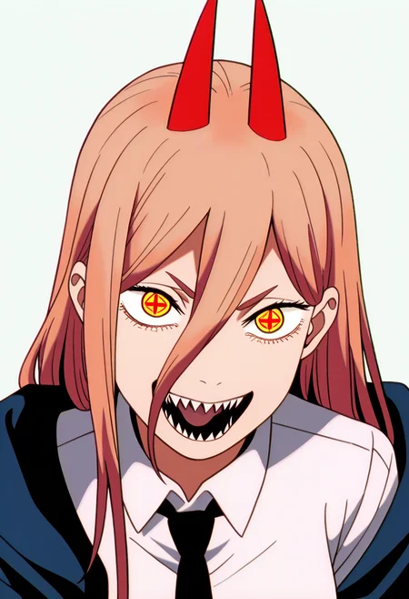best quality, amazing quality, very aesthetic, absurdres,
BREAK
1girl, power \(chainsaw man\), pink hair, blonde hair, red horns, red eyes, cross-shaped pupils, long hair, sharp teeth, hair between eyes, symbol-shaped pupils,
collared shirt, black necktie, long sleeves,
looking at viewer, white shirt, open mouth,
simple background, white background, smile, upper body,   <lora:GundamWingNoobLocon_byKonan:1>