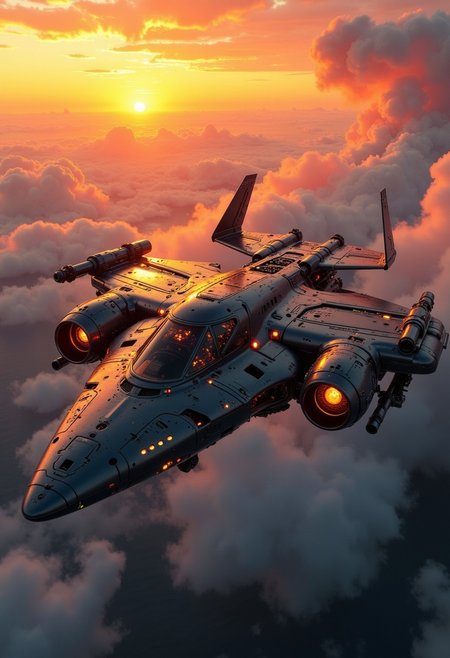 in the style of ck-mgs, A digital artwork in the style of cknc, a_skynet_cyberdyne_craft, the image is featuring a futuristic, highly advanced stealth spy plane flying rapidly high in the sky above the ocean sunset, with vivid orange hues. The fuselage is made of a dark gunmetal alloy and the cockpit shows glowing led lights, and is covered in intricate neon yellow electrical circuitry; the engines have large air intakes, dutch angle, the plane angled diagonally from left to right, motion blur