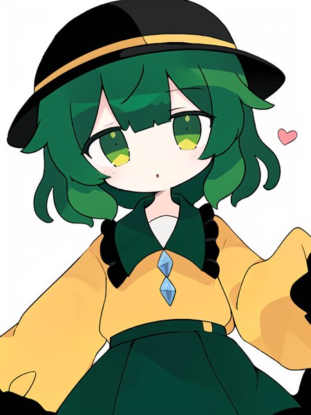Gorgeous female photo, Masterpiece, best quality, best work, promotional art, beautiful face, (komeiji koishi), green hair, green eyes, black headwear, messy hair, short hair, yellow shirt, collared shirt, frilled shirt, green skirt, heart of string