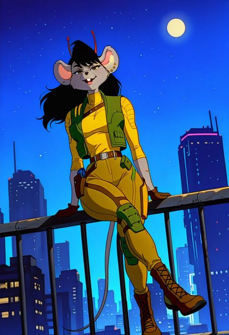 CarbineBMFM, 1girl, solo, furry female, anthro, mouse, grey fur, grey skin, animal ears, red antennae, black hair, long hair, bangs, brown eyes, black snout, scar on face, incisors, teeth, earrings, ear piercing, large breast, thick thighs, mouse tail,  green vest, yellow turtleneck, elbow length sleeves, brown gloves, belt, light brown pants, brown boots, military uniform, holster, knee pads,
,seductive pose, sexy pose, tease, 
masterpiece, best quality, fine details, intricate details, depth of field, subsurface scattering, bokeh,
 ultra-detailed, very aesthetic, detailed background, newest, scenery, highres, absurdres, colorful, vibrant, glowing, perfect face, 2d, perfect eyes,  vibrant saturated colors, volumetric lighting, sharp, detailed eyes, perfect anatomy,  perfect face, perfect eyes, mature body, clear eyes, beautiful eyes, athletic, curvy body, athletic girl, perky tits, perfect tits, round breasts, pinup pose, teasing, lustful expression, perfect hands, 
muscular female, dutch angle, 
 cityscape, rooftop, outdoors, skyscrapers, railing, neon lights, detailed background, night, night sky, night time, starry sky, sitting on railing, moon, looking at viewer, arm rest, smirk, crossed legs, open mouth, full body, foreshortening, 
,Smooth Negative, Smooth_Quality,
90s_anime_aesthetic, 1990s (style), retro_artstyle, retro, cyberpunk