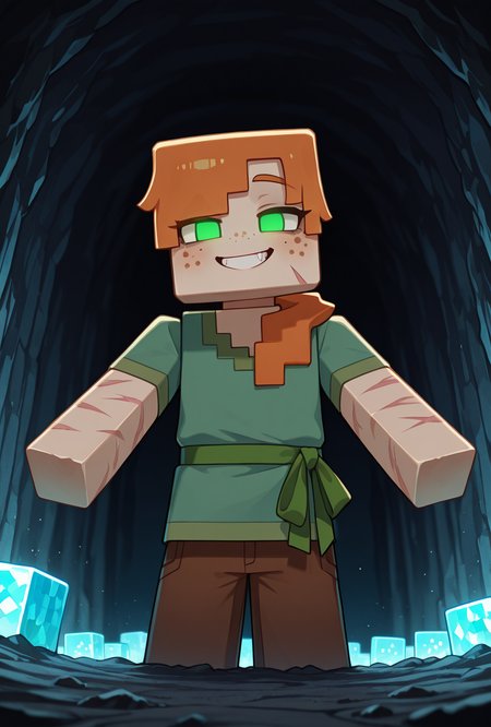 <lora:alexmc-05:1> alexmc, orange hair, 1girl, solo, green eyes, long green shirt, brown pants, short sleeves, freckles, square arms, square body, green waist ribbon,  minecraft world, inside a cave, glowing eyes, no pupils, light blue crystals coming out of walls, cubes, evil grin, dark scene, no light, scars, injury, pure white sclera, no eyes, no pupils, embedded light blue crystals, masterpiece, best quality, amazing quality, very aesthetic, absurdres, newest,