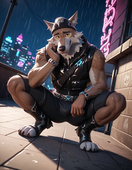 score_9, score_8_up, score_7_up, rating_safe, source_furry, detailed, detailed background, ray tracing, cinematic lighting, particles, graffiti, reflections, decals, masterpiece, best quality, ultra realistic, <lora:sinfully_stylish_SDXL.safetensors:1.0>,  embedding:zPDXL3 BREAK wendell, wolf, fortnite, furry, 1boy, solo, <lora:Wendell_Fortnite:1> BREAK dim light, night city background, neon light,  rain (dutch angle, squatting, sigh:1.15)
