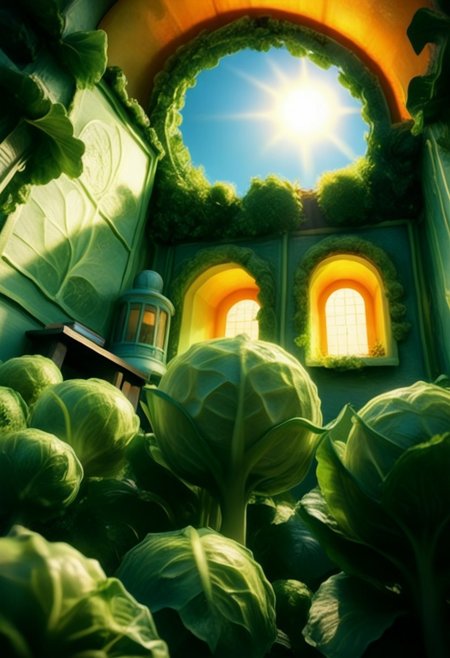 TOXNEO, cabbage, cjdl, book, cover made of cabbage leafs, leaking green fluo neon acid from inside.
 The atmosphere is magical and dreamy. 
Dusk, blue sky, orange rays of sun. dutch-angle, (foreshortening, perspective:2).