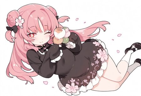 lazypos, girl focus, 1girl, one eye closed, food, dress, flower, hair ornament, red eyes, white background, white socks, solo, smile, double bun, black footwear, long hair, socks, shoes, hair bun, sleeves past fingers, looking at viewer, pink hair, hair flower, closed mouth, sleeves past wrists, holding, black dress, floral print, wagashi, simple background, long sleeves, cherry blossoms, two side up, dango, symbol-shaped pupils, blush, bow, bowtie, flower-shaped pupils, petals