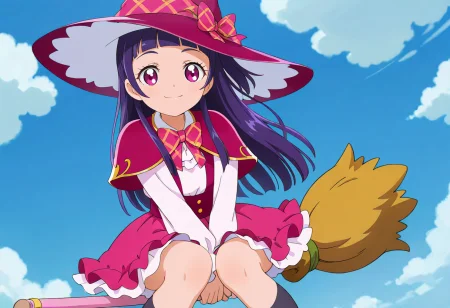 masterpiece, best quality, absurdres, very aesthetic, general,
izayoi liko, magic school uniform, mgcschl uniform, 1girl, solo, witch hat, broom, long hair, broom riding, school uniform, purple hair, smile, looking at viewer, cloud, black legwear, hat bow, day, pink skirt, kneehighs, red headwear, purple eyes, sidesaddle, long sleeves, pink eyes, white shirt, closed mouth, plaid bow, pink headwear, sitting, eyelashes, blue sky, holding broom, bowtie, pink bow, outdoors, frills, holding, frilled skirt, red bow, shiny hair, crescent, cloudy sky, flying, hat ribbon, red neckwear, feet out of frame, sidelocks, pink neckwear, plaid neckwear, shoulder armor, blunt bangs, floating hair, vest, wand, rose, miniskirt, pink flower, layered skirt, light smile, standing, dress shirt, straight hair, happy, arm warmers, pink dress, v arms, knees together feet apart, red skirt, anime coloring, frilled dress, black socks, plaid bowtie, capelet
<lora:cure_magical_izayoi_liko_illustXL_locon_v1:0.7>