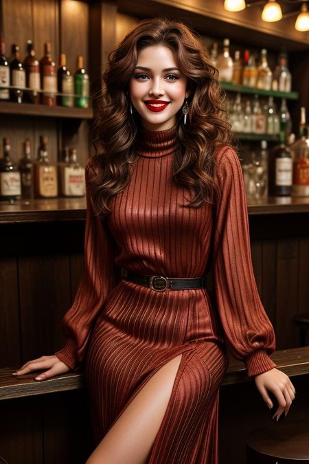 1girl,solo,bellissima,long hair,breasts,looking at viewer,smile,brown hair,dress,brown eyes,jewelry,earrings, leaning on the bar, ((huge sagging breasts)), breasts, blush, perfect blue eyes, realistic, from the front, smiling, happy, 1girl,  Athletic, drunk, tequila shots, , dark red lipstick, shaved brown hair, pin up, long dress, cleavage, covered nipples, covered nipples, pin up dress, , heels, messy, loving, looking at viewer, black mascara, brown eyes, perfect makeup, in dimly light bar, club, bar,realistic
