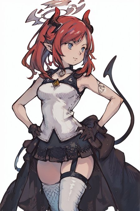 (Yoshida_Akihiko_PonyXL_style_v02.10.01), solo, 1girl, white background, halo, red halo, megu-waistcoat, megu \(blue archive\),blue eyes,red hair,ponytail,horn,hair ornament,pointy ears,halo,demon tail,goggles on head,choker,sleeveless shirt,cleavage,pleated skirt,jacket around waist,thighs strap,single white thighhigh,asymmetrical thighhighs,black boots,gloves, megu-default, tail, demon tail, black skirt, arms on hips, (Bravely Default Style), yoshida akihiko, blue eyes, red halo, chubby face, <lora:pony\char\game\ba\megu_blue archive_PONY_epoch-000020.safetensors>, <lora:pony\style\Yoshida_Akihiko_PonyXL_style_v02.10.01.safetensors>, <lora:styles\yoshida_akihiko_offset.safetensors>, <lora:styles\BravelyDefault.safetensors>, <checkpoint:[Pony] prefectPonyXL_v10.safetensors>, <checkpoint:[SD15] tfmCutesyAnime2_genesis.safetensors>
