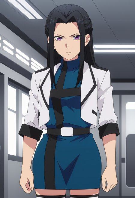 score_7_up, anime screencap,
<lora:ShuumatsuNoHarem_KatagiriReaXL:0.9>,
1girl, solo, closed mouth, serious,
long hair, black hair, hair intakes, hair behind ear, purple eyes, ,
KatagiriRea, turtleneck, pencil dress, short dress, blue dress, cropped jacket, white jacket, short sleeves, black belt, white thighhighs,
standing, looking at viewer, cowboy shot,
science fiction, indoors, blurry background