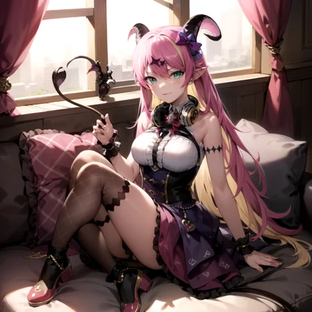 2d, masterpiece, best quality, anime, highly detailed face, highly detailed eyes, highly detailed background, perfect lighting, full body, 1girl, solo, mano aloe, shirt, skirt, horn ornament, bow, headphones, mismatched legwear, sleeveless, prehensile tail, sitting, :\3, couch, window <lora:aloe-10:1>
