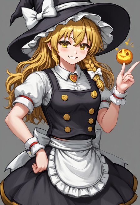score_4,score_5,score_6,score_7_up,score_8_up,score_9
((masterpiece,best quality,ultra detailed,highres,HD,4k:1.2)),
1 cute girl,solo,
kirisame marisa,
blonde hair, yellow eyes, single braid, witch hat, white ribbon, black skirt, black shirt, short sleeves, waist apron, white sleeves,
smile,