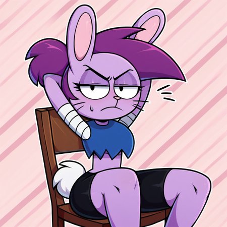 score_9, 1girl, solo, bunny enid, lavender fur, purple hair, blue crop top, upper arm wraps, black shorts, annoyed face, leaning in chair, arms behind head, pattern background