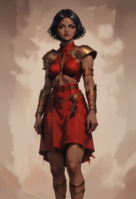 female focus, score_9, score_8_up, score_7_up, 
portrait, 1girl, PoE2Sorcceres, PoE2Sorcceresbaseoutfit, 1girl, jewelry, shoulder armor, female focus, dark-skinned female, short hair, black hair, anklet, red skirt, skirt, armor, 
