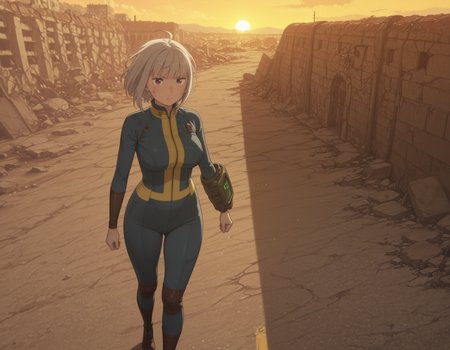 1woman,full body, <lora:Emilia_Season_3_appearance_ReZero:1>,emilia (re:zero),white hair,purple eyes,big breasts,short hair,messy hair,dynamic hair,dirty suit,dirty hair, serious,blue jumpsuit, yellow zipper, yellow zipper closed, number,pip-boy on one arm,((((yellow lines)))), fallout \(series\), fallout 4, dessert, ruins, sunset, dynamic angle, <lora:Vaultsuit_with_Pipboy:1>