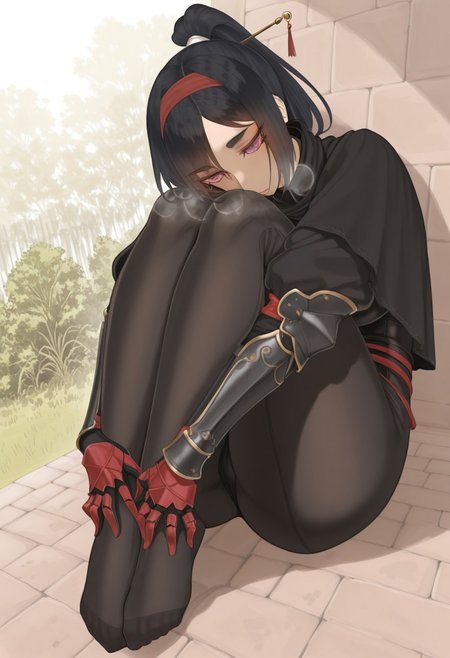 throtem,  outdoors, undershirt, falling feathers, black bodysuit, hair stick, hugging own legs, , gauntlets,   eyeshadow,   red gloves,  high ponytail,  , black capelet, red hairband, pink eyes, 1girl, solo, feet, visible breath,   dynamic angle, foreshortening, smell, steam,
