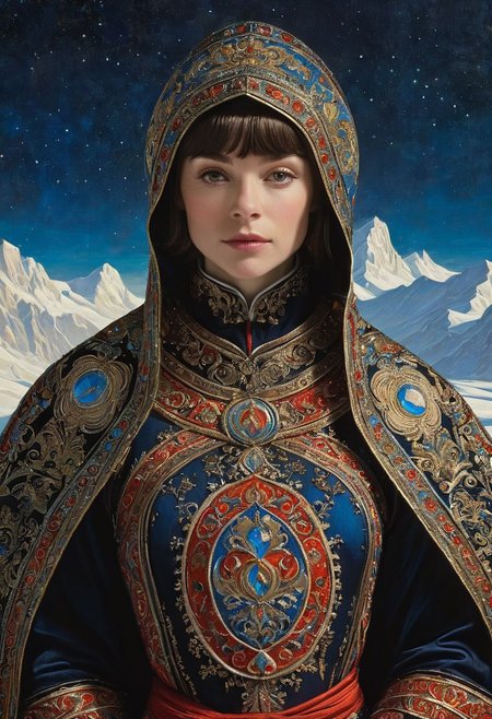 (A pollar bear in monastic clothes with glowing eyes) (ingenious opus magnum by Michael Vincent Manalo and Elvira Vigna:1.2), (pastel oil painting:0.1), high key with glistening light, cosmic anddireful and dramatic atmosphere, (zestful quinacridone nickel azo gold and electricblue color swatch:0.1), raw details, crisp details, bokeh lights, <lora:xl_more_art-full_v1:0.6> ,analog photo, full body,,  exposure compensation "-1.5 ev", shutter priority shooting mode, symmetry and balance, focus mode single, spot metering, aesthetic of precisionism, forward-thinking unrivaled opus, meticulous details, healing art atmosphere, depth of field (dof), (anthraquinone blue and red colors:0.1), <lora:MJ52:0.35><lora:hair_with_scenery:1>folk costumes (Carey Hannah Mulligan:1,2) (8k, RAW photo, highest quality), hyperrealistic, intricate abstract, intricate artwork, otherworldly, mesmerizing parallel dimension, gravity defies logic, abstract masterpiece, interplay of floating objects, distorted silhouettes, vivid hues, ethereal light, highly detailed,,,Leica Q2 with Summilux 35mm f/1.2 ASPH, (oil on canvas:0.2), , art by Jeremy Mann, god rays, dramatic light,    ,  (art by Eduard Wilhelm Pose and Master of the Holy Blood and Ivan Bilibin:1.1), (oxygen-rich air and sheltered atmosphere, snowy, aesthetic of hard - edge painting:0.1), symmetry and balance, pioneering unparalleled masterwork with superior details, <lora:MJ52:0.90> <lora:xl_more_art-full_v1:0.4> <lora:RMSDXL_Creative:1>